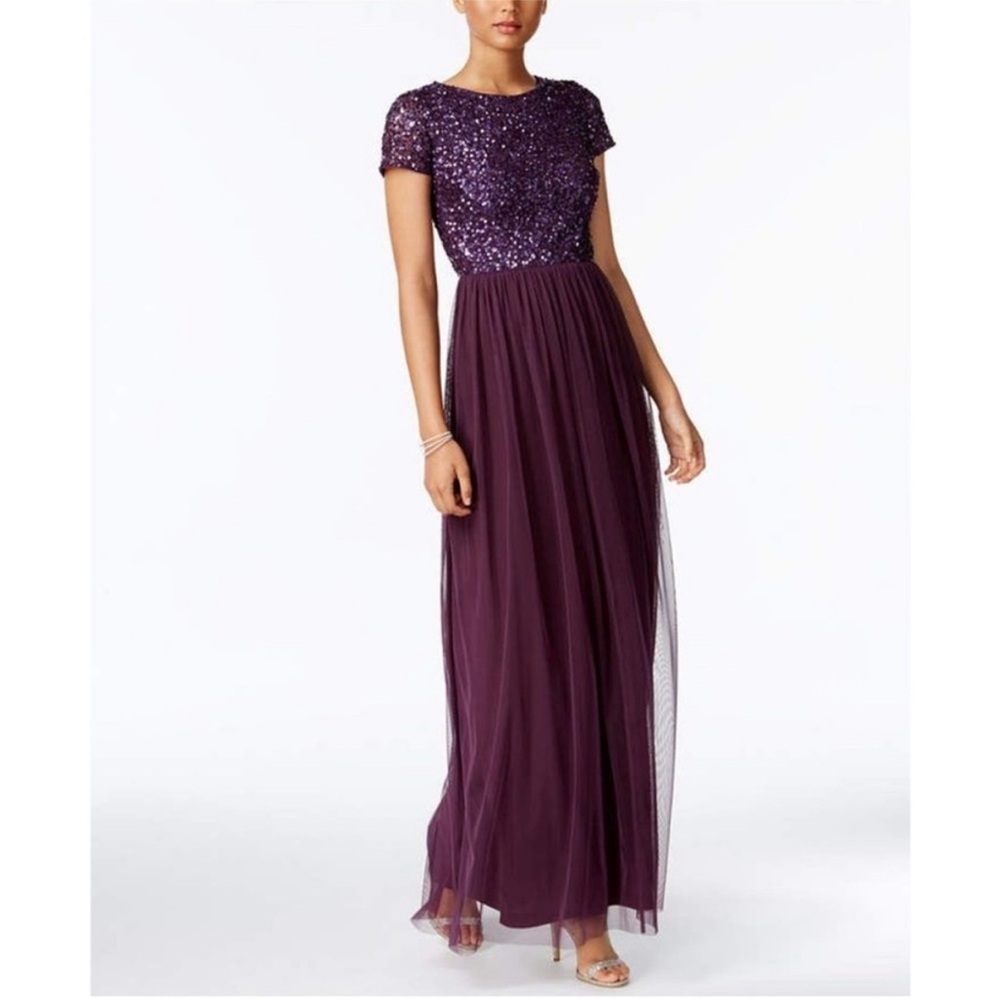 Adrianna Papell purple sequins tulle cap sleeve maxi dress gown size 4